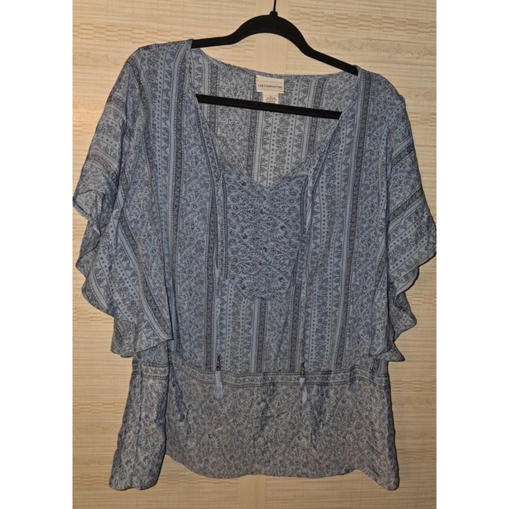 Liz Claiborne Blue Paisley Boho Blouse Tassel V-Neck Flutter Sleeve Top Large
